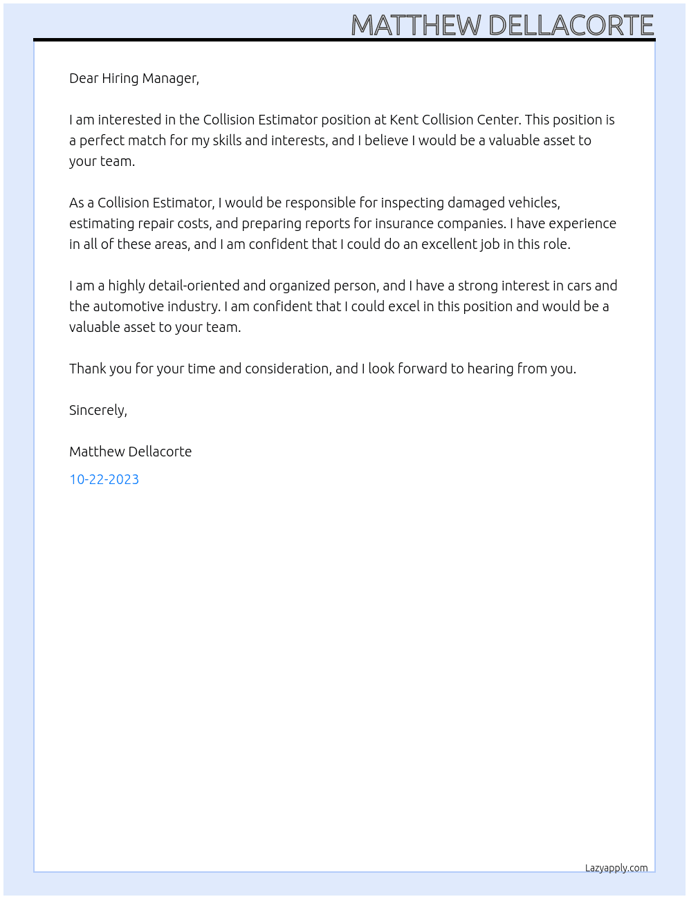 Collision Estimator At Kent Collision Center Cover Letter