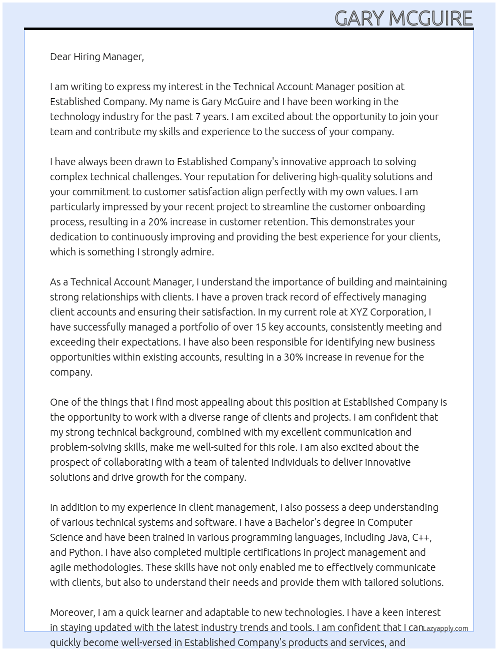 Technical Account Manager At Established company Cover Letter