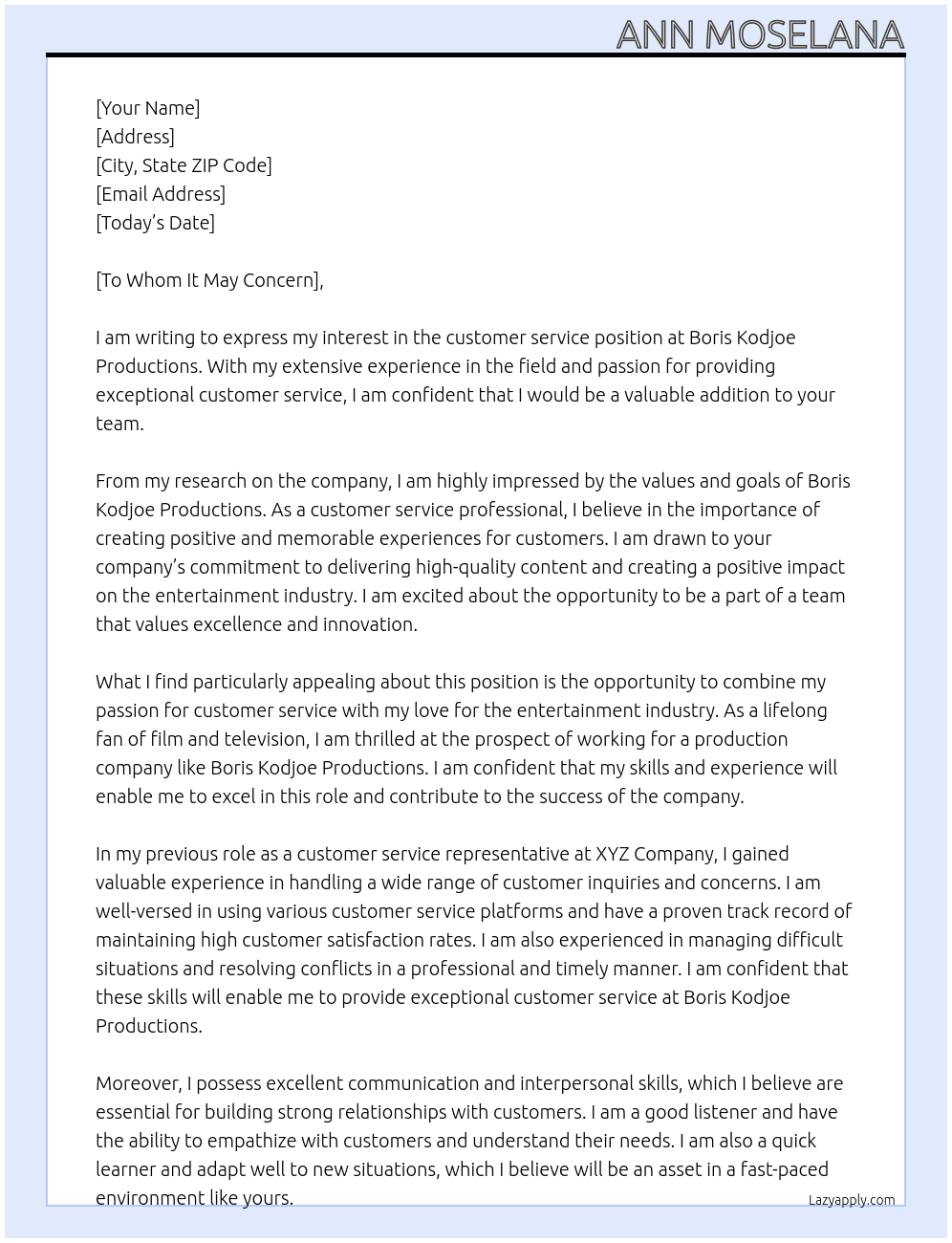 customer service  At Boris kodjoe productions Cover Letter