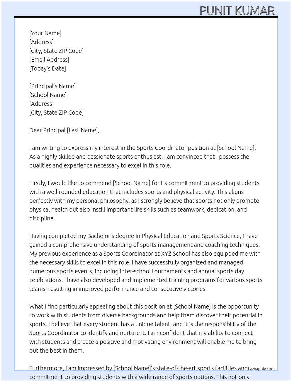 Sports Coordinator At School Cover Letter