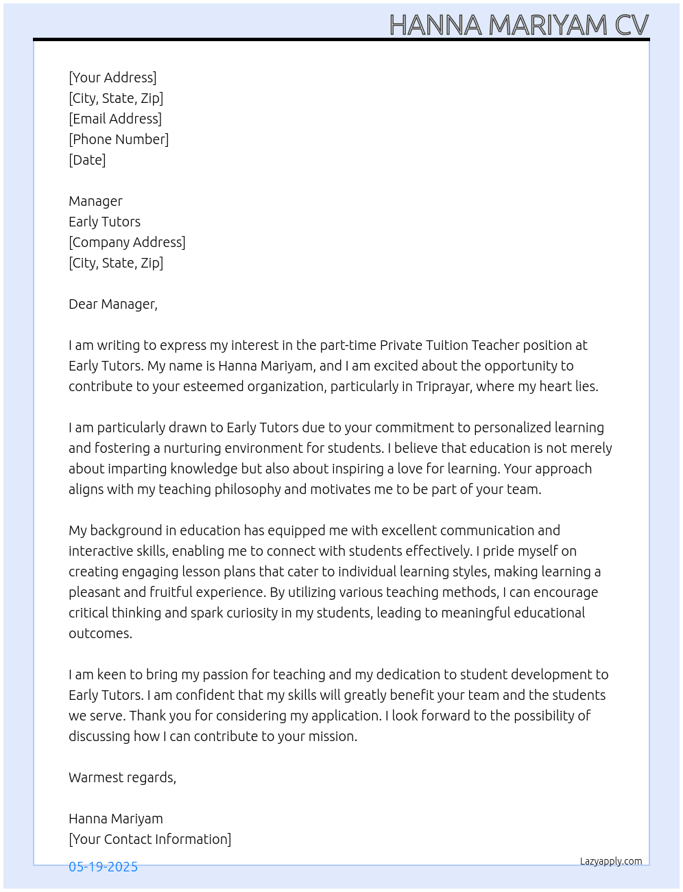 Private Tution teacher At Early tutors Cover Letter