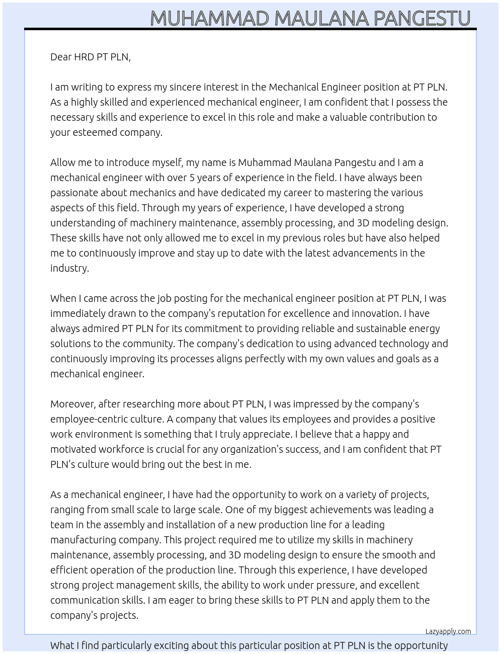 Mechanical engineer At PT PLN  Cover Letter