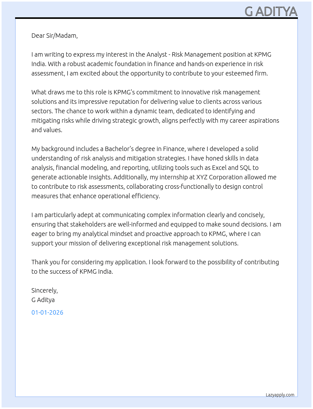 Analyst -Risk Managment At KPMG India Cover Letter