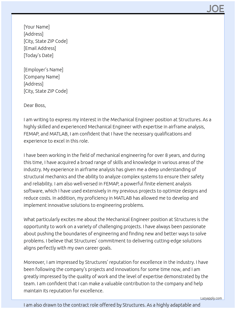 Mechanical Engineer At Structures Cover Letter