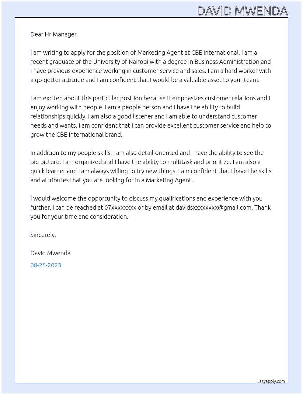 Marketing Agent At CBE International  Cover Letter