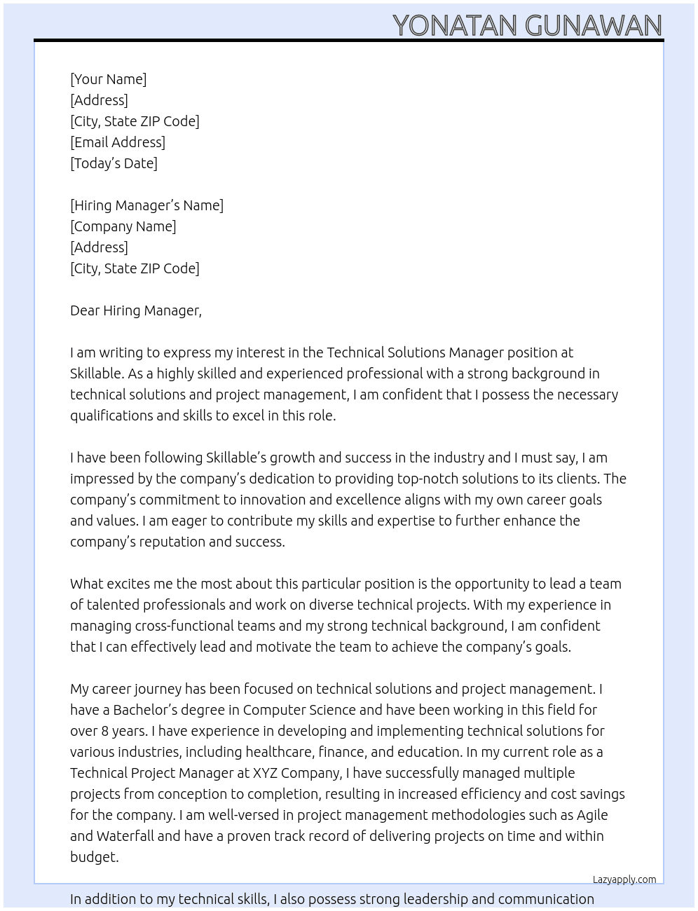 Technical Solutions Manager At Skillable Cover Letter