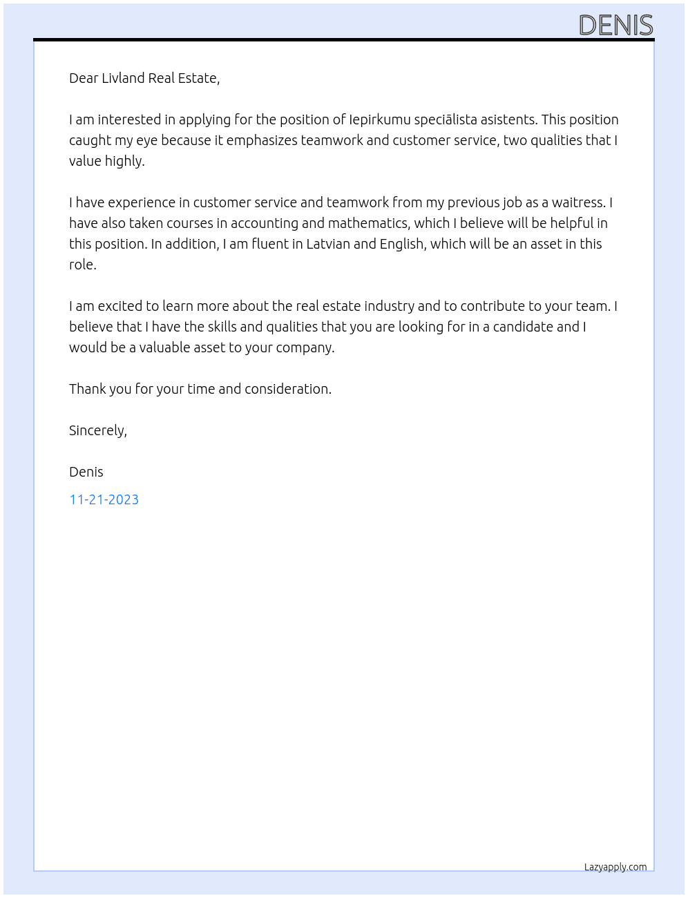 Iepirkumu speciālista asistents At Livland Real Estate Cover Letter
