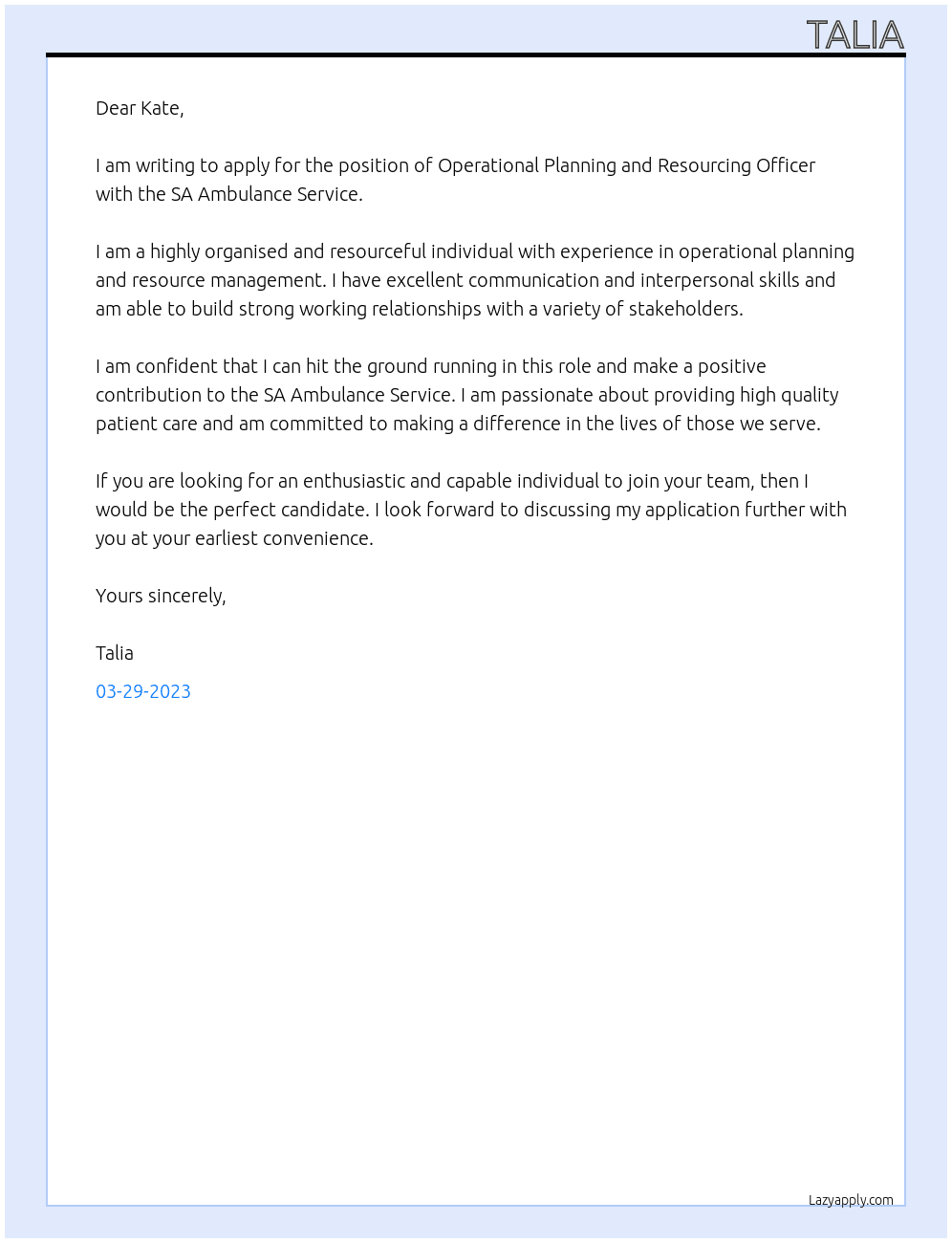 Operational Planning and Resourcing Officer At SA Ambulance Service Cover Letter