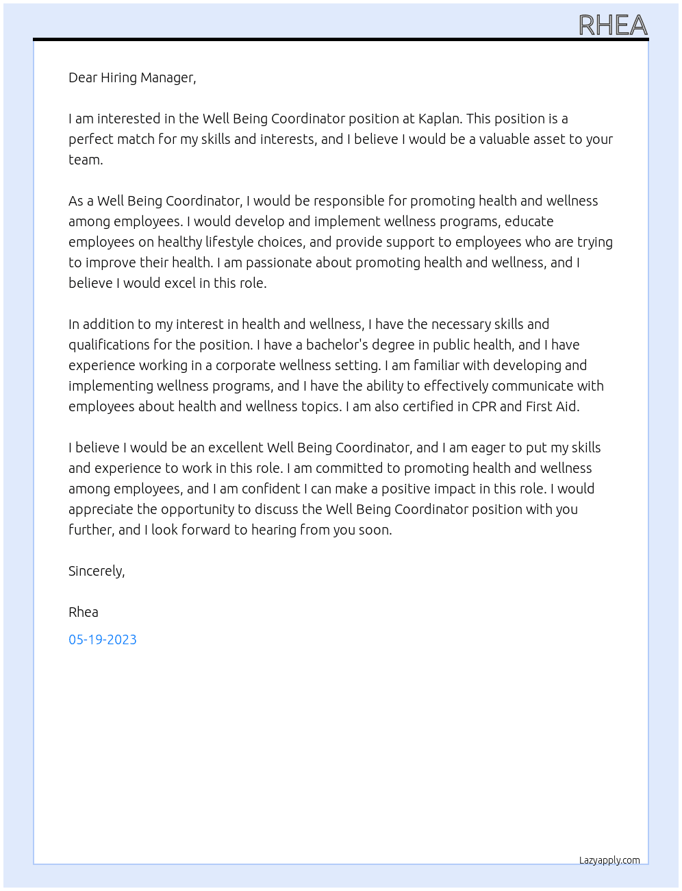 Well Being Coordinator At Kaplan Cover Letter