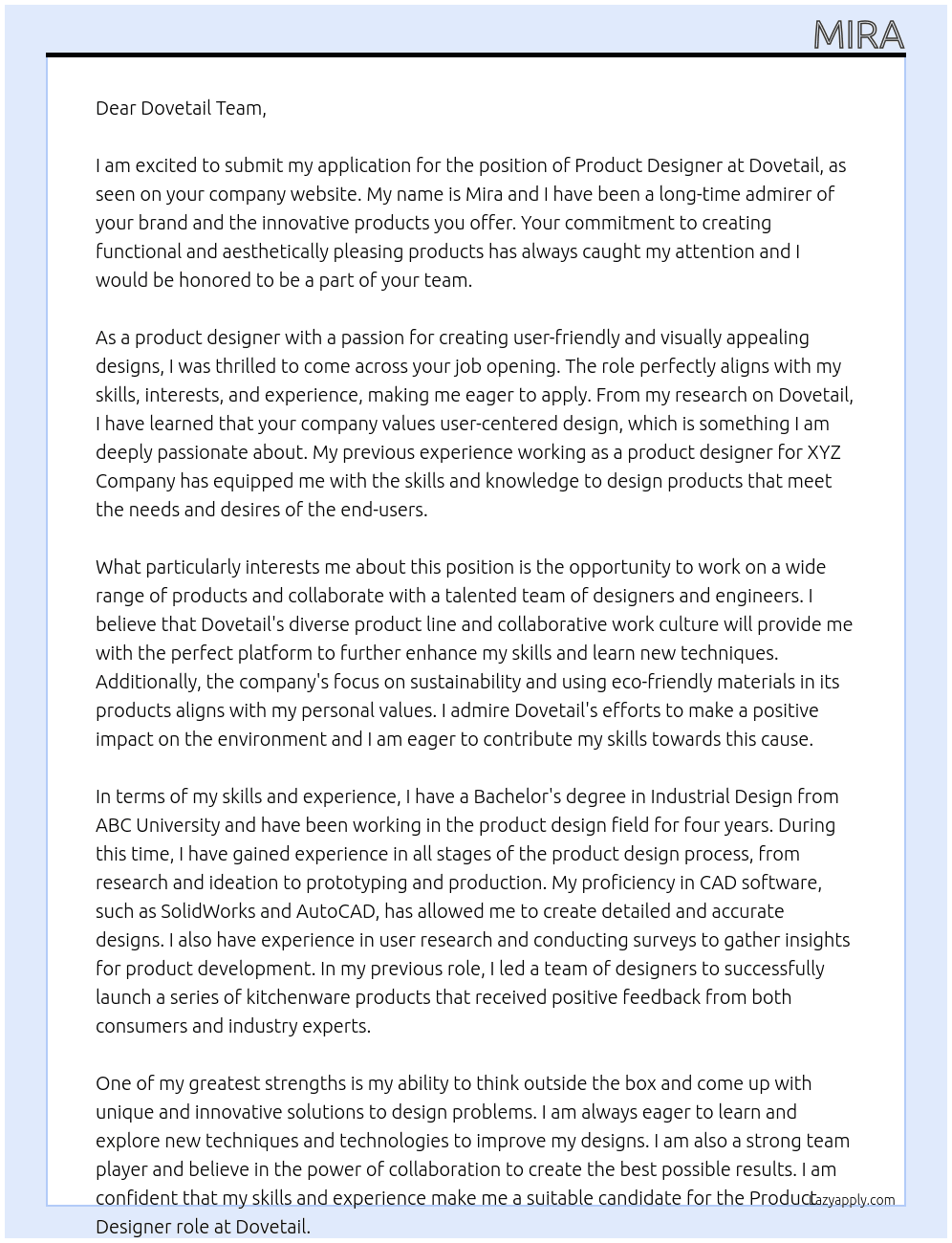 Product designer At Dovetail Cover Letter