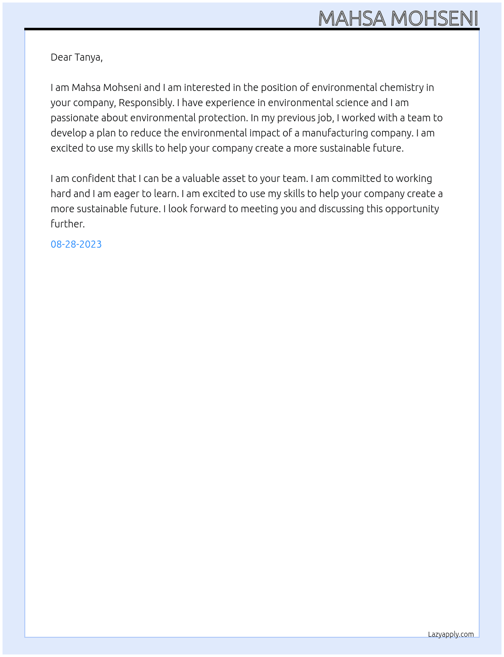 environmental chemistry At Responsibly Cover Letter