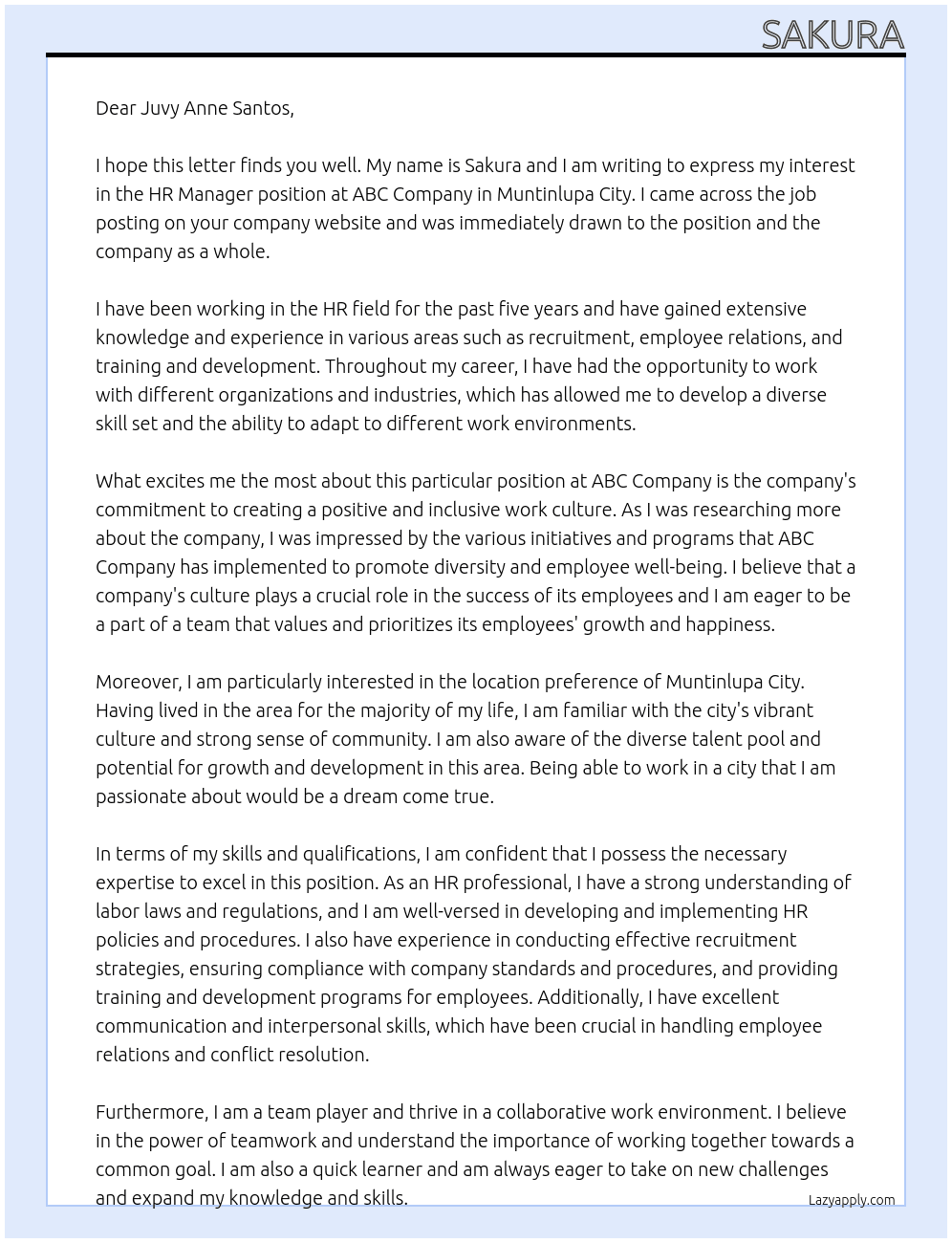 Hr manager  At Abc company Cover Letter