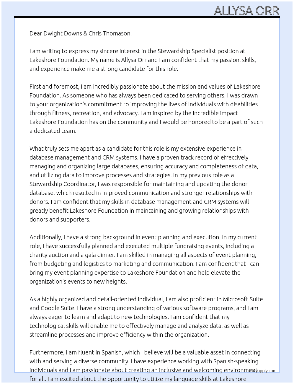 Stewardship Specialist At Lakeshore Foundation Cover Letter