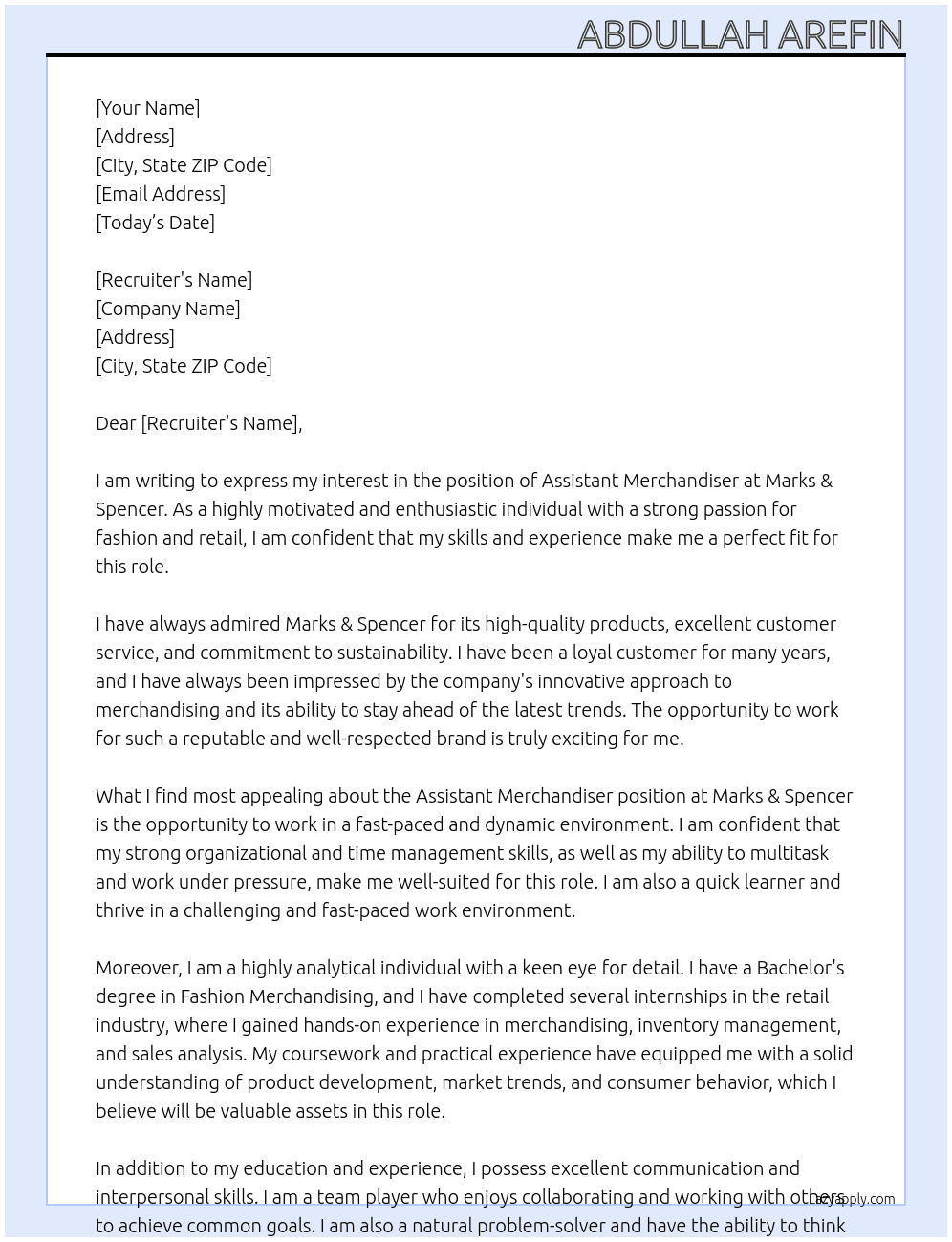 Assistant Merchandiser At Marks & Spencer Cover Letter