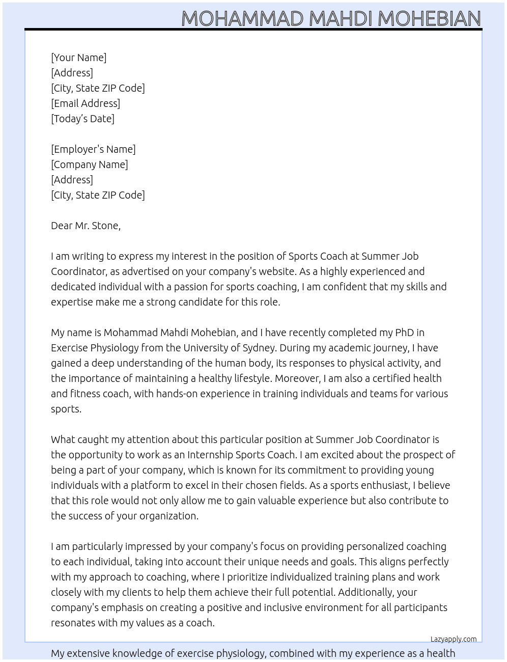 Sports coach At Summer job coordinator  Cover Letter