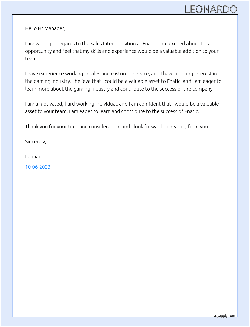 Sales Intern At Fnatic Cover Letter