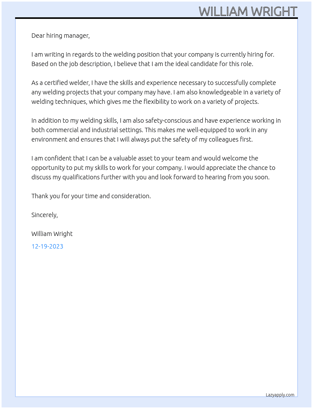 welder At welding job Cover Letter