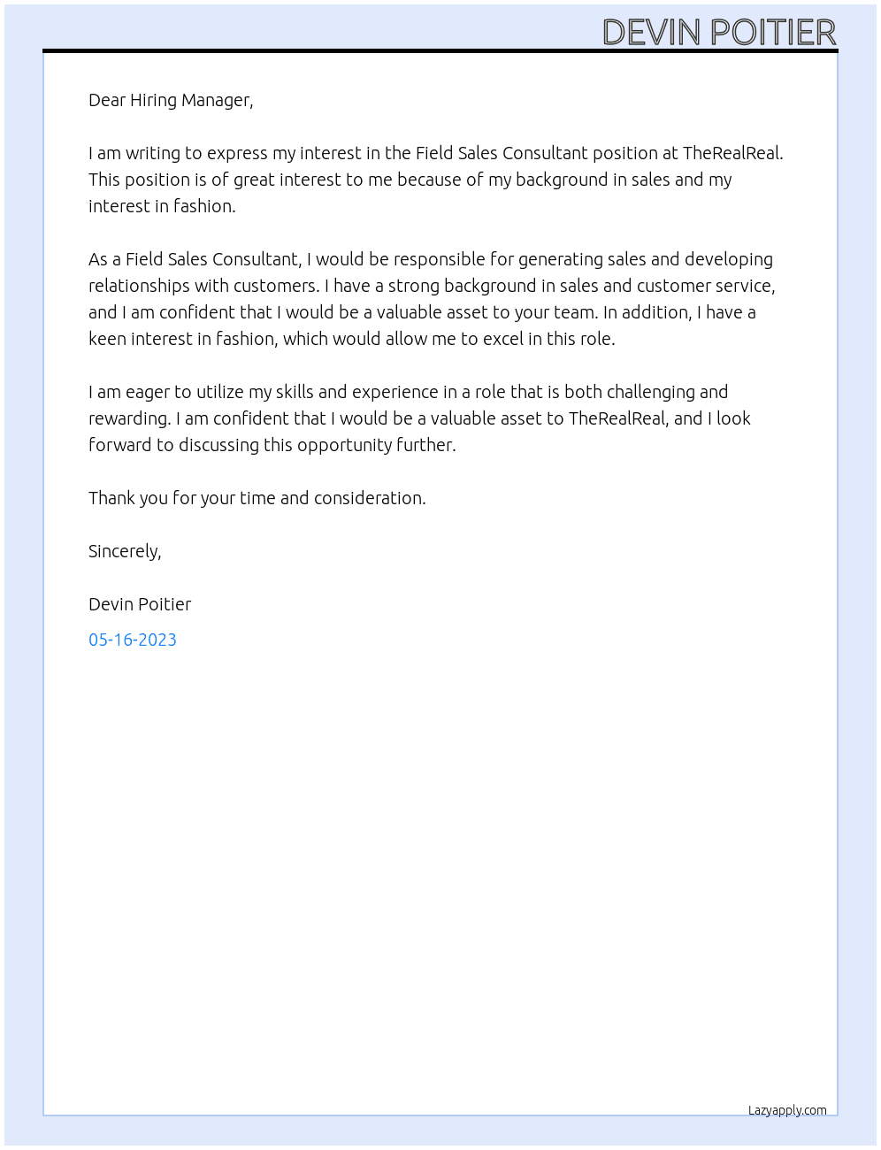 feild sales consultant At TheRealReal Cover Letter