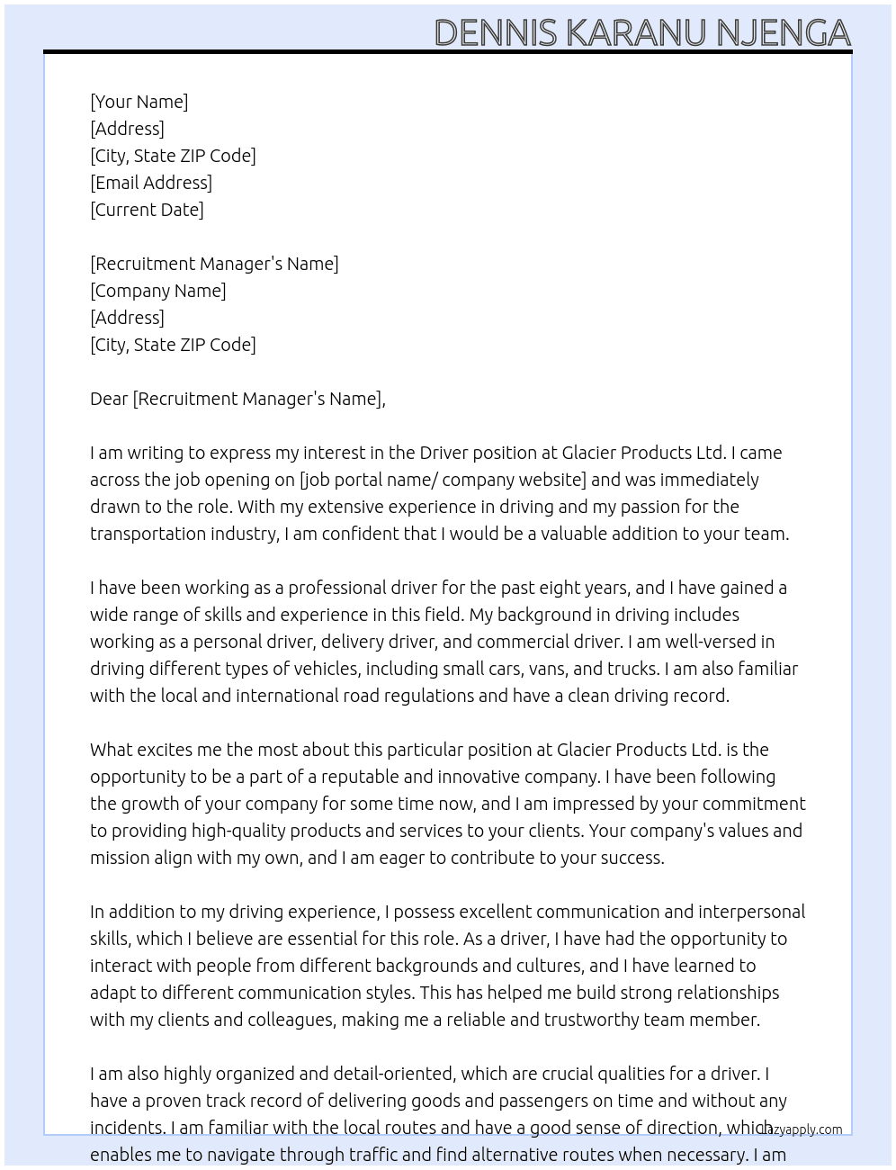 Driver At Glacier products Ltd. Cover Letter
