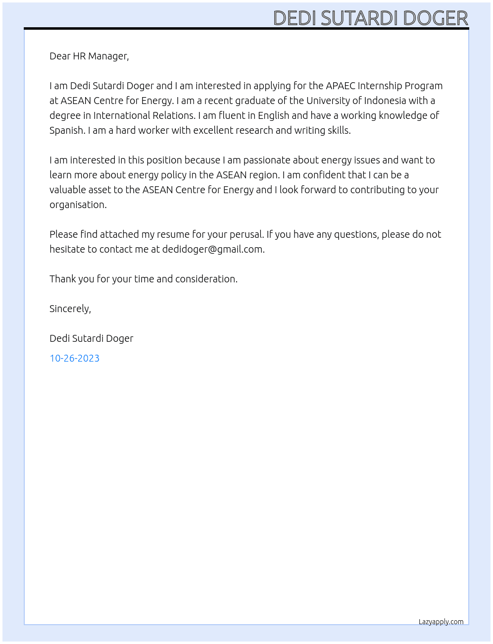 APAEC Internship program At ASEAN Centre for Energy Cover Letter