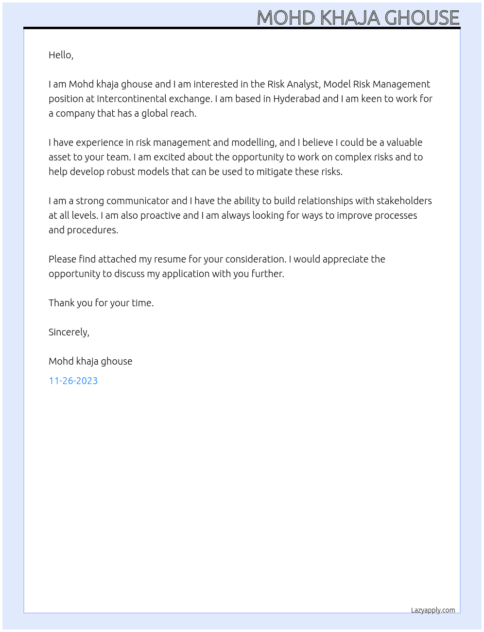 Risk Analyst, Model Risk Management At Intercontinental exchange  Cover Letter