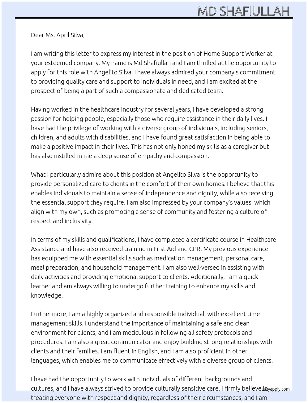 Home support worker At April silva Cover Letter