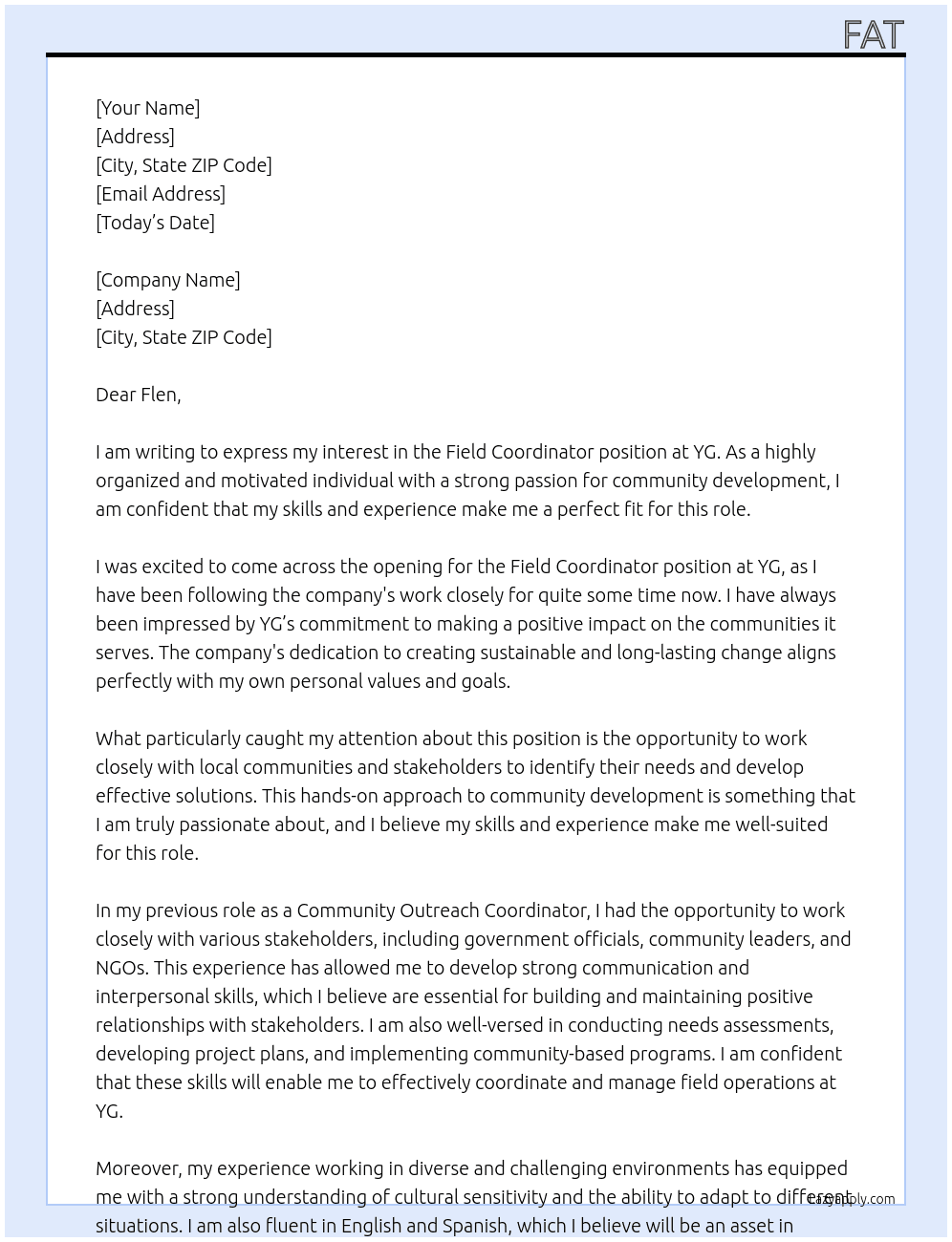 Field coordinator At YG Cover Letter