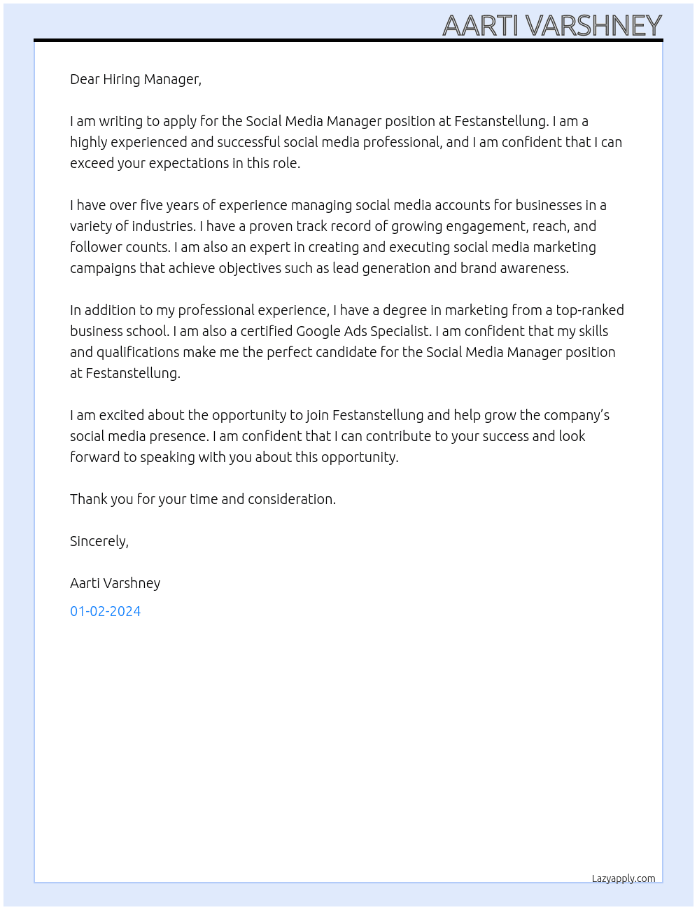 Social Media Manager At Festanstellung Cover Letter