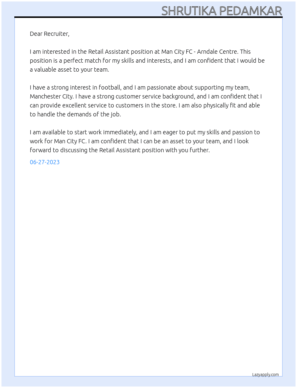Retail Assistant At Man City FC - Arndale Centre Cover Letter