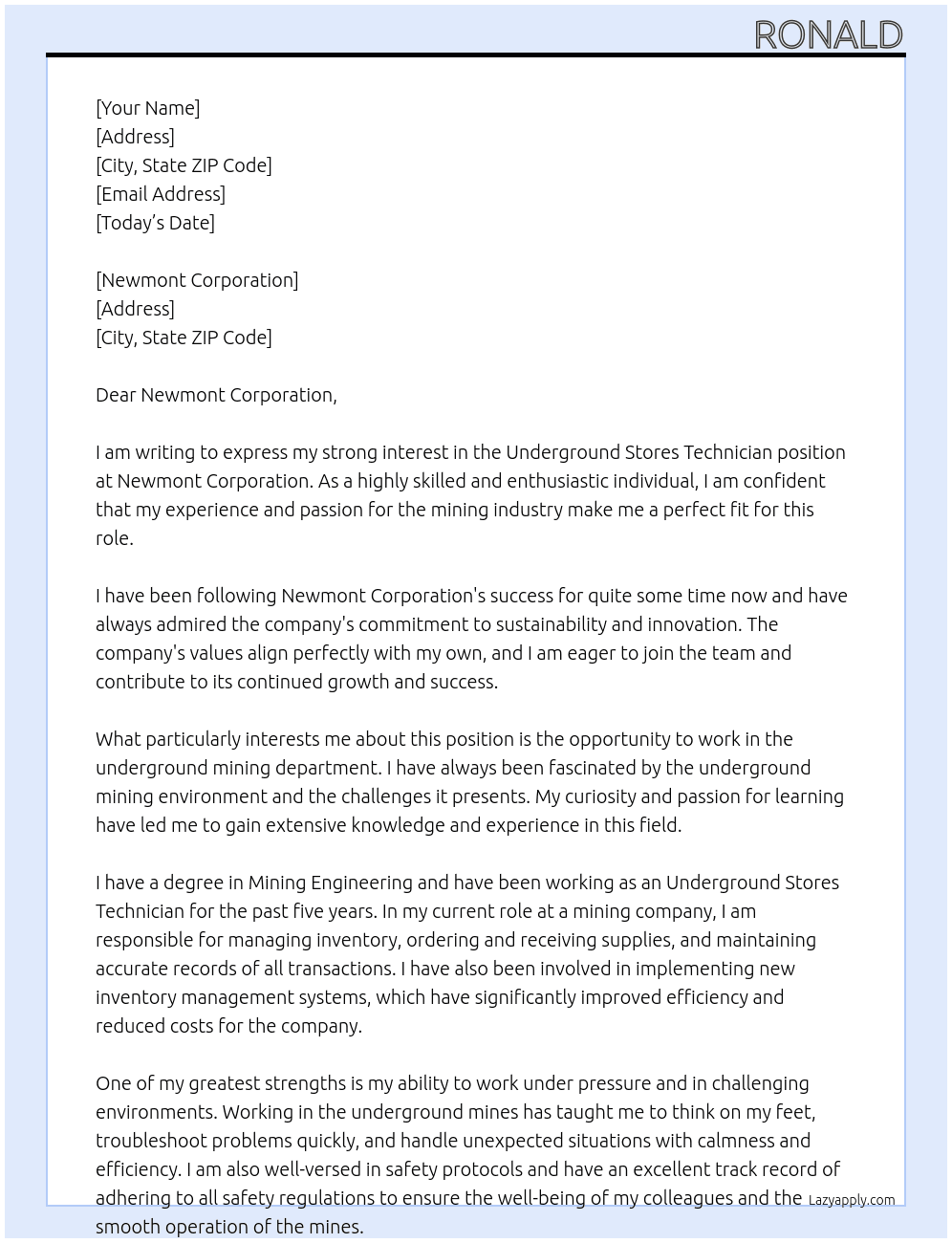 Underground Stores Technician At Newmont Cover Letter