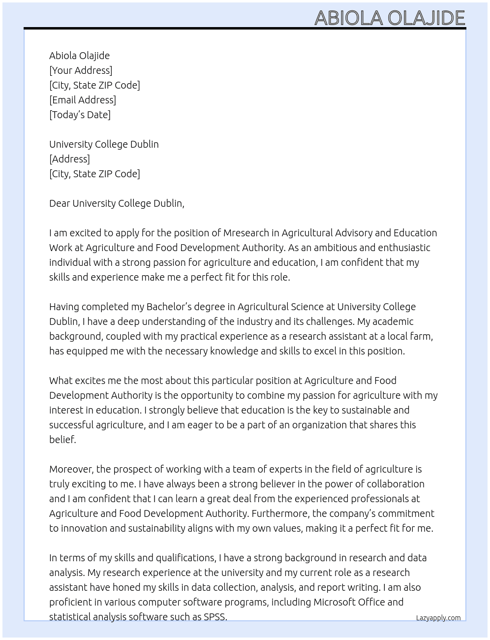 Mresearch in agricultural advisory and education work At Agriculture and food development authority  Cover Letter