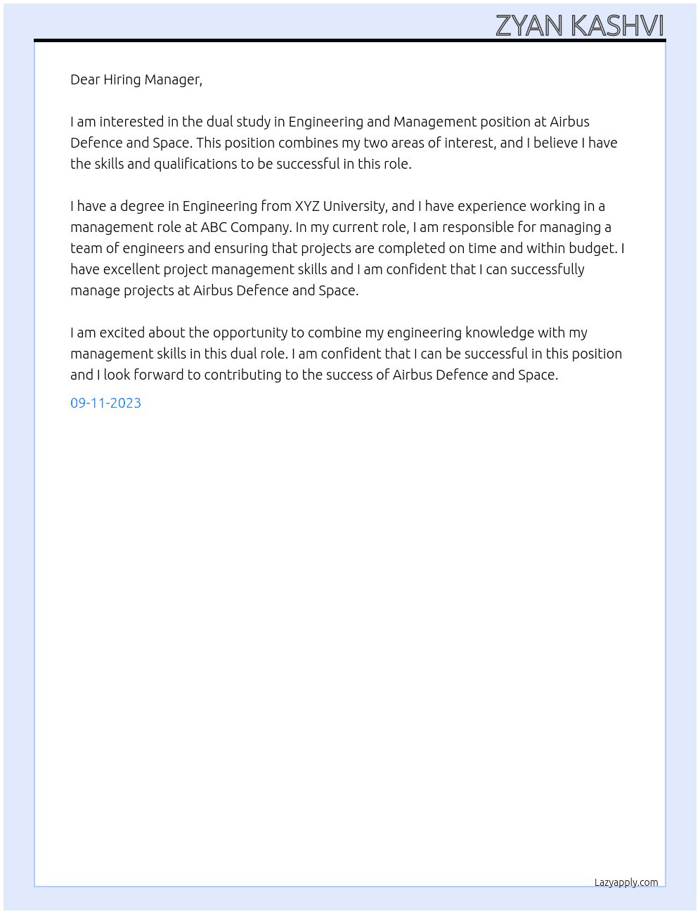 Dual study in Engineering and Management At AIRBUS Defence and Space Cover Letter