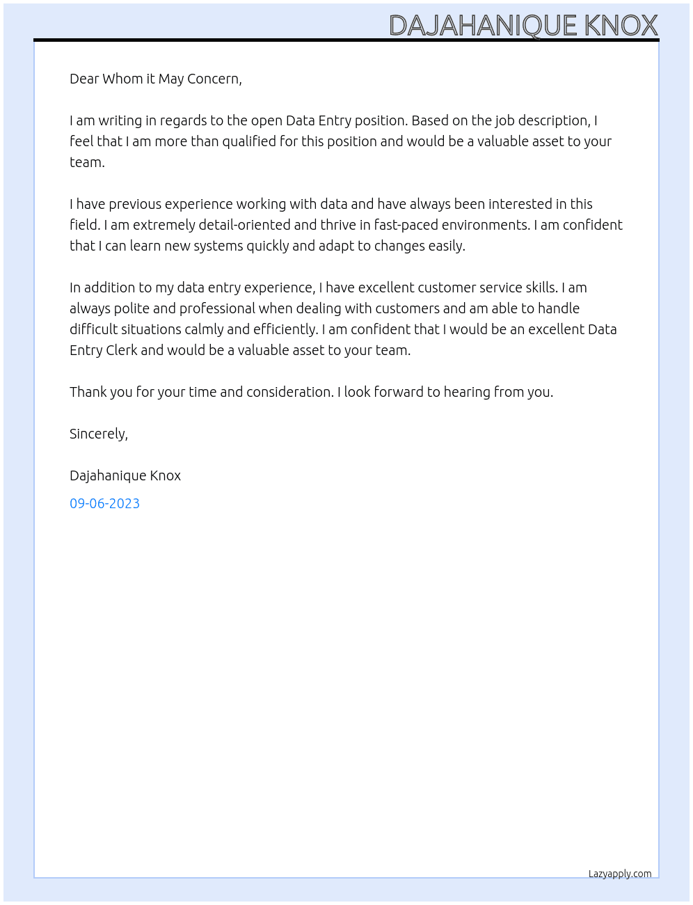 Data entry  At Whom it may concern  Cover Letter