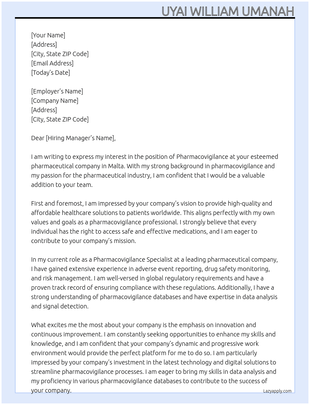 Pharmacovigilance At Pharmaceutical company in malta Cover Letter