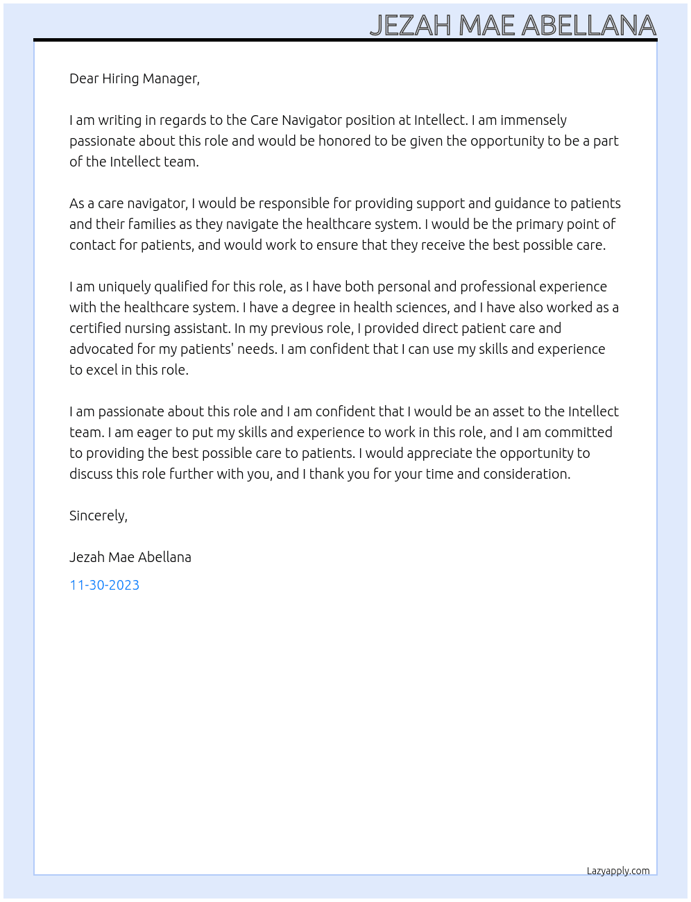 Care Navigator At Intellect Cover Letter