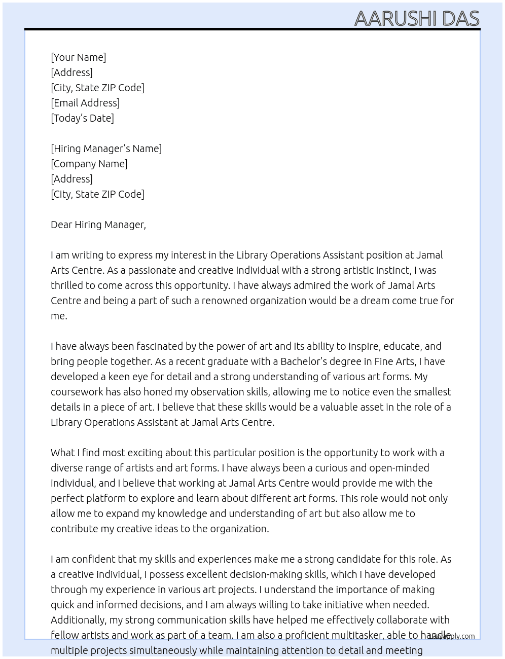 Library Operations Assistant At Jamal Arts Centre Cover Letter