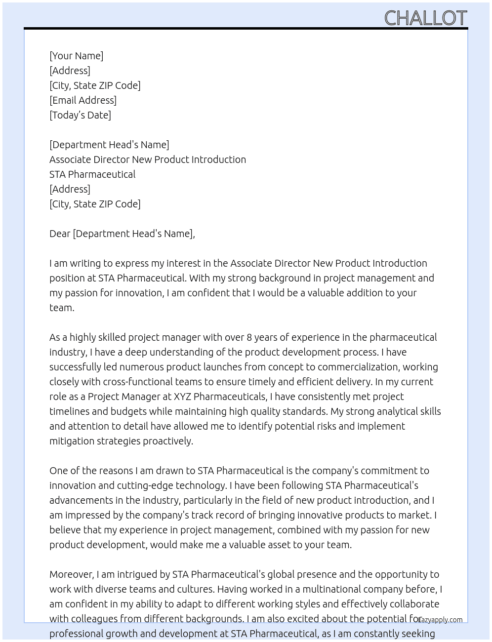 Associate Director New Product Introduction At STA Pharmaceutical Cover Letter
