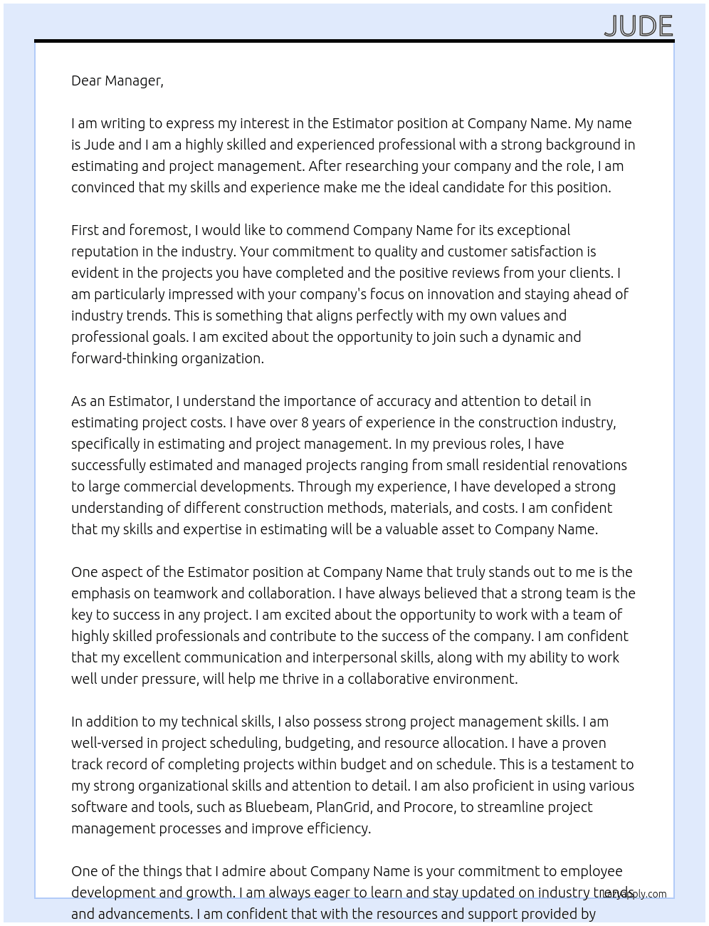 Estimator At Company Name Cover Letter
