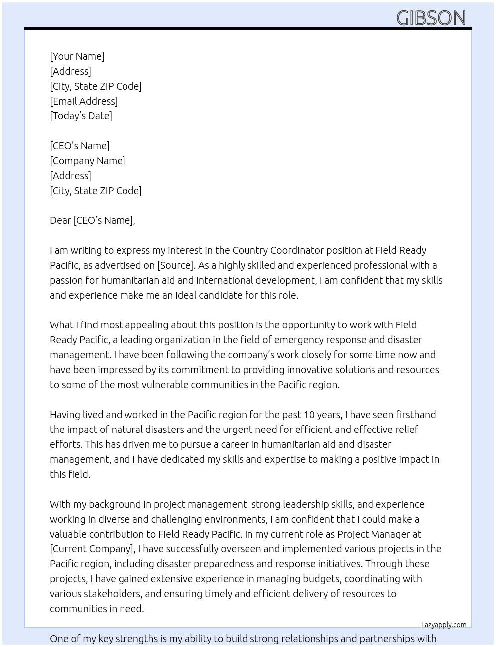Country coordinator  At Field Ready Pacific Cover Letter