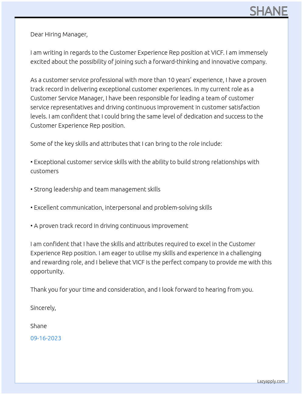 Customer experience rep At VICF Cover Letter