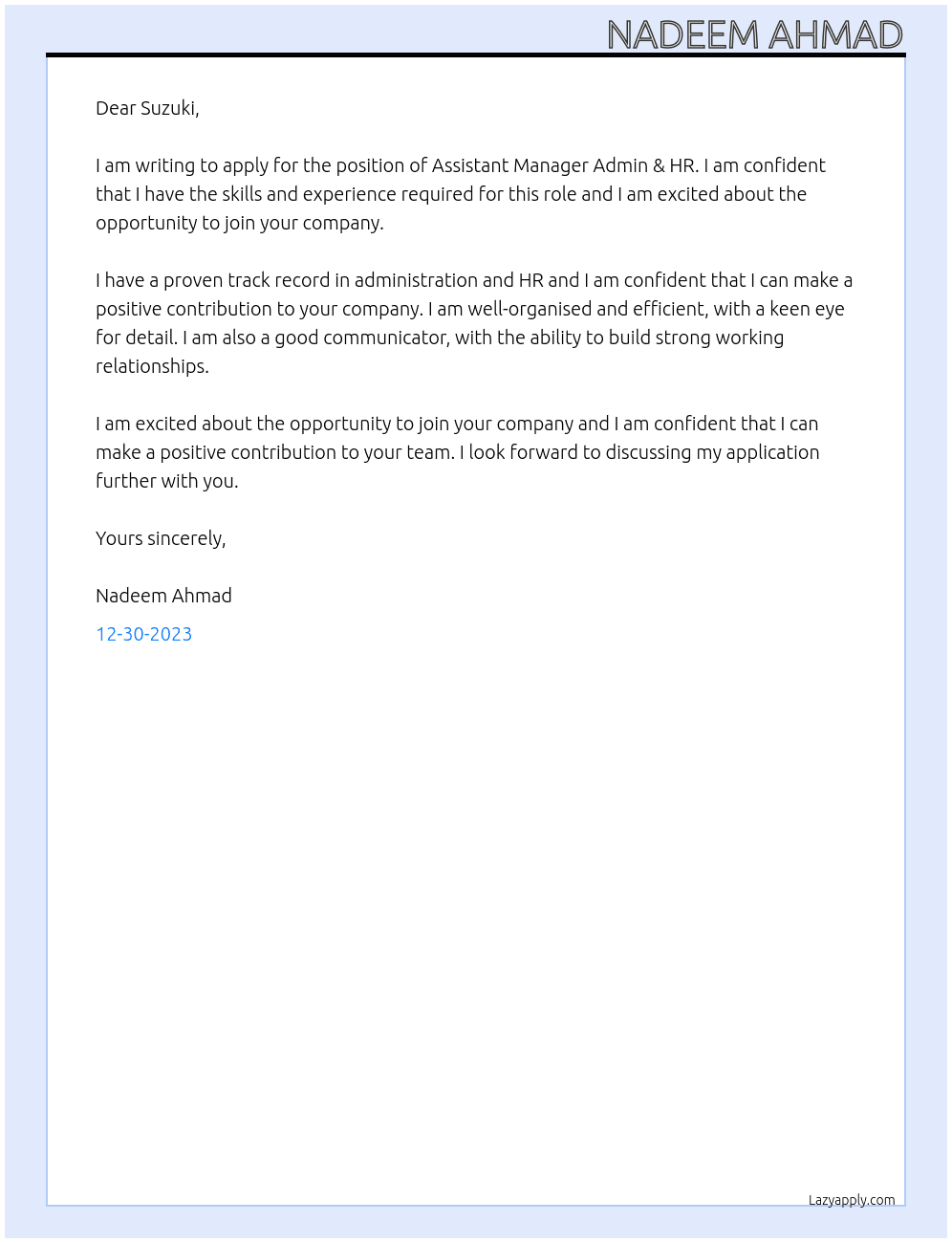 Assistant Manager Admin & HR At Suzuki Cover Letter
