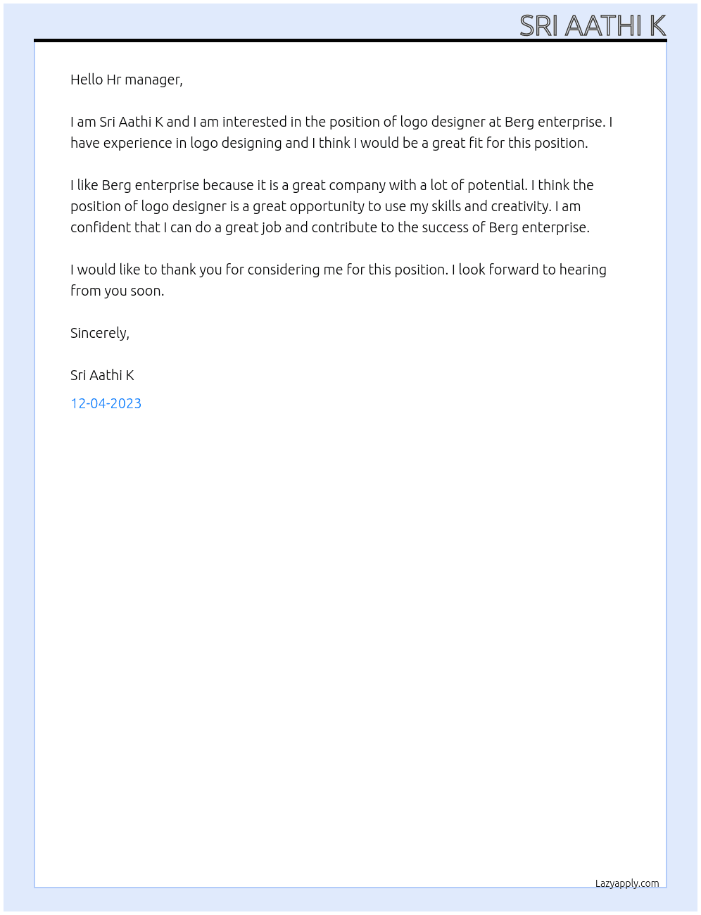 Logo designer  At Berg enterprise  Cover Letter