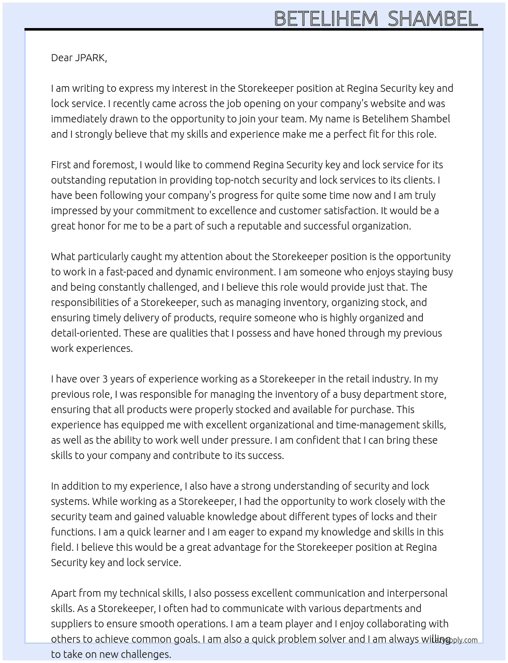 storekeeper At Regina Security key and lock service Cover Letter