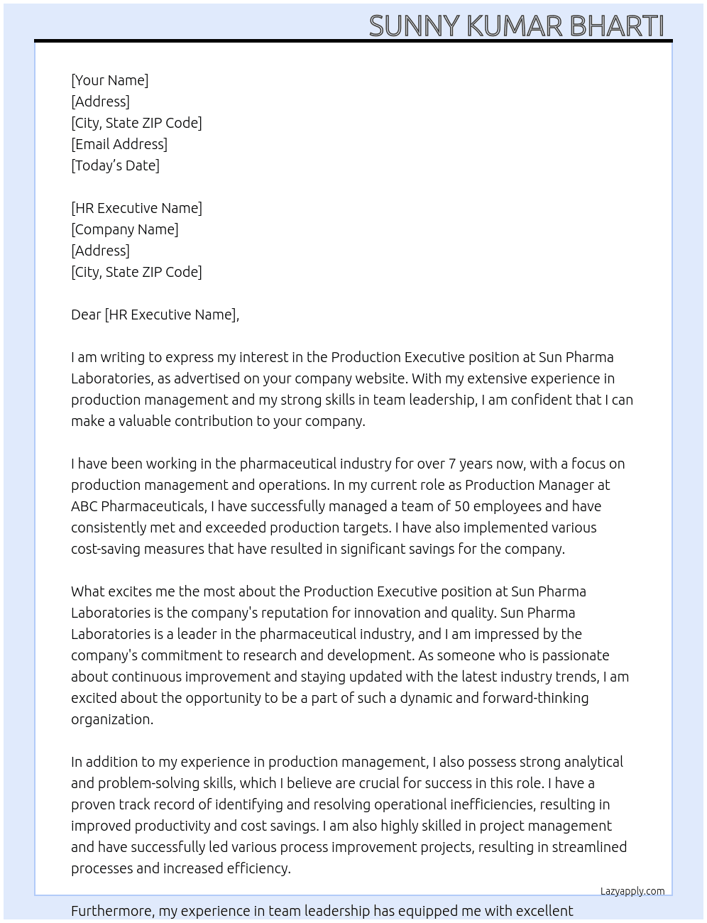 Production executive  At Sun pharma laboratories  Cover Letter