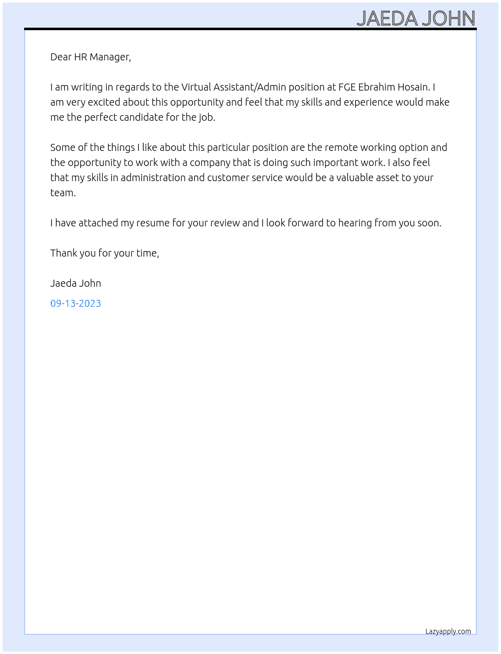 Virtual Assistant/Admin At FGE Ebrahim Hosain Cover Letter