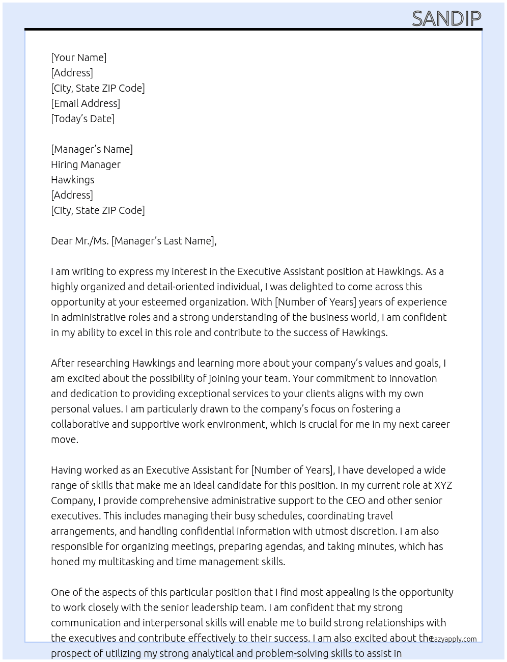 Executive Assistant At Hawkings Cover Letter
