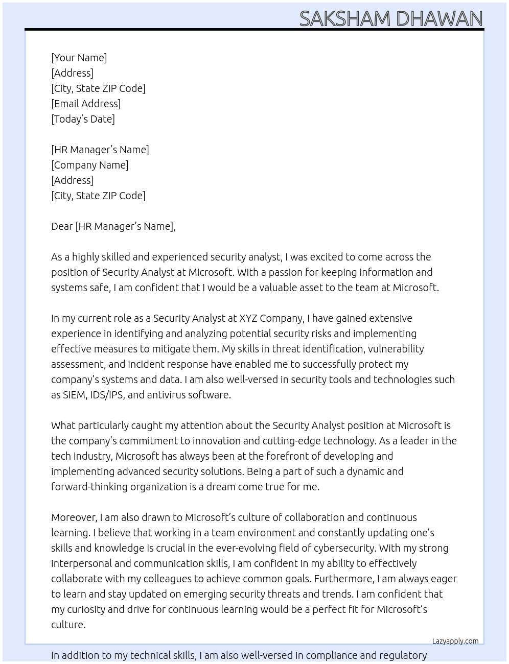 Security Analyst At microsoft Cover Letter