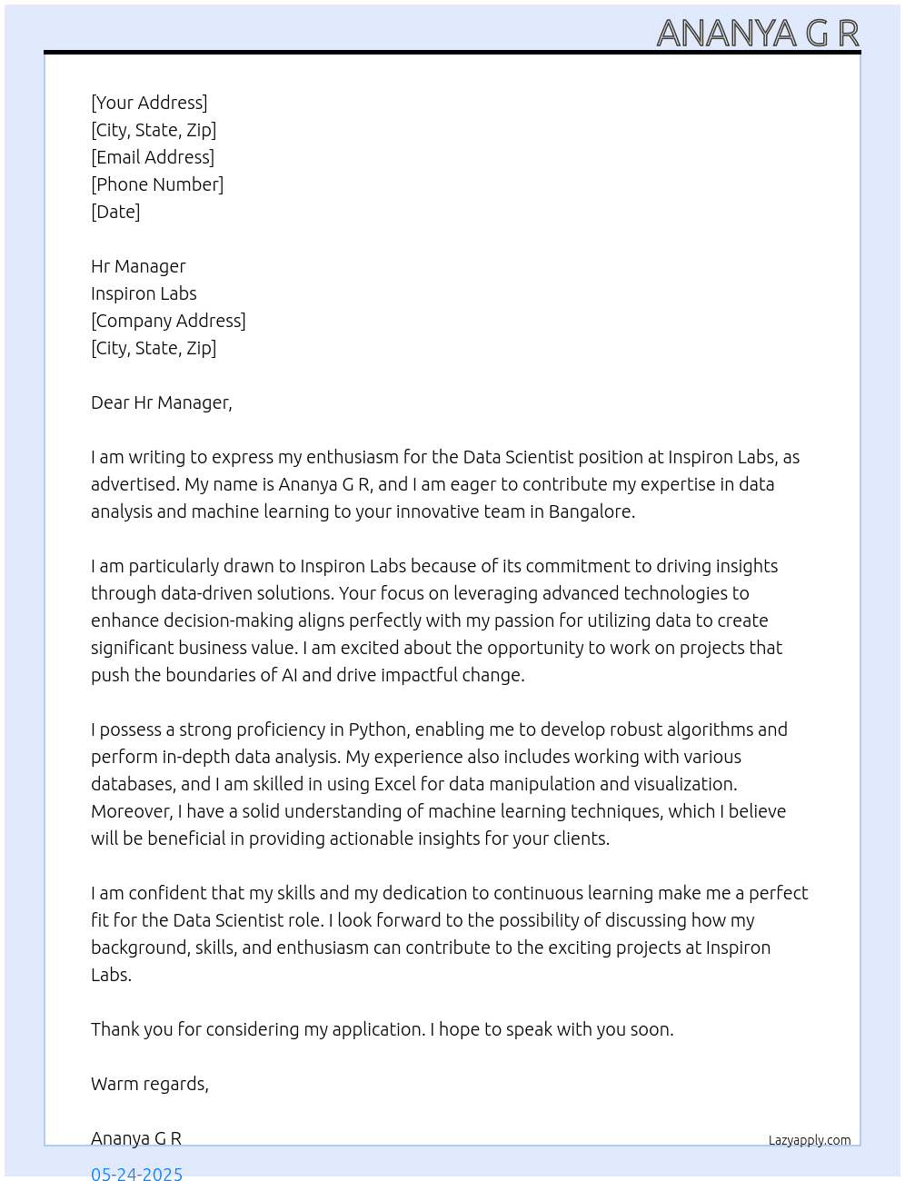 Data Scientist  At Inspiron Labs  Cover Letter