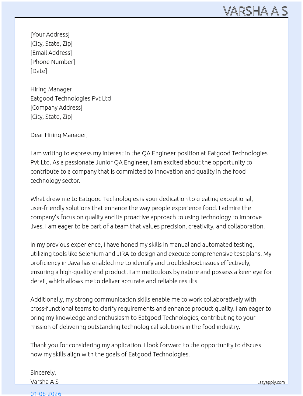 Cover letter for qa engineer - LazyApply