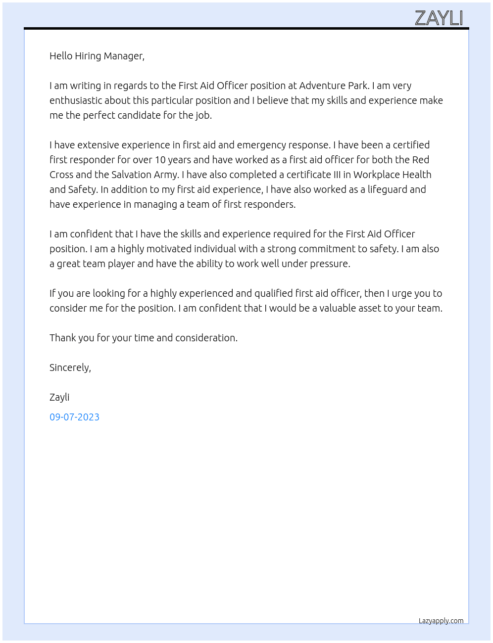 First Aid Officer At Adventure Park Cover Letter